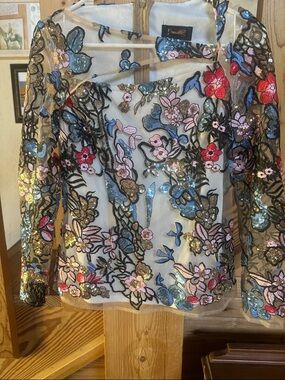 Alexia Admor Sheer Floral Embroidered Top with Multicolor Sequin Detail